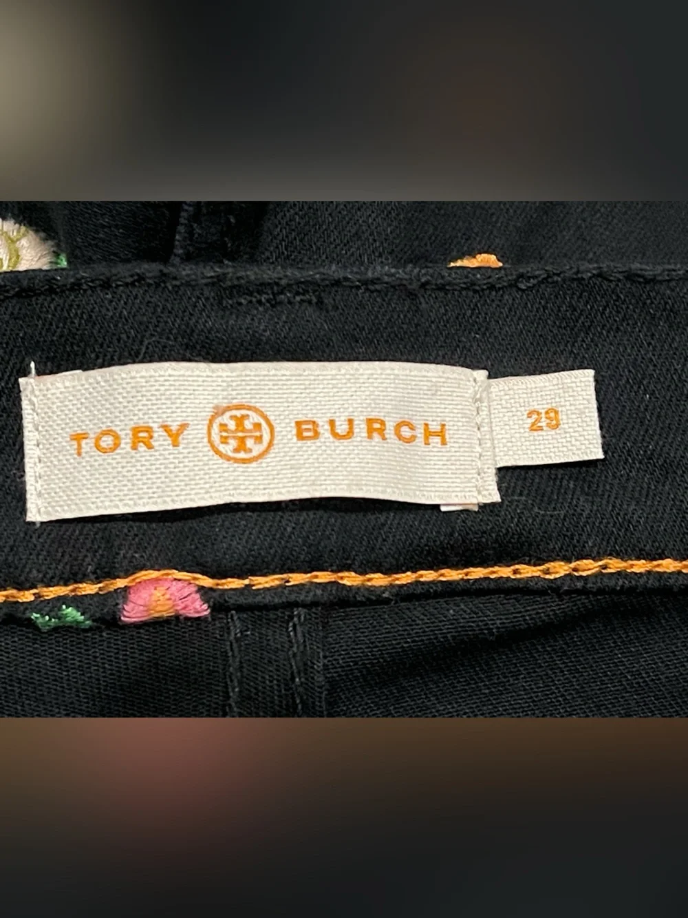 TORY BURCH Brindle Black Floral Embroidered Denim Jeans Pant size 29 - Picture 7 of 8
